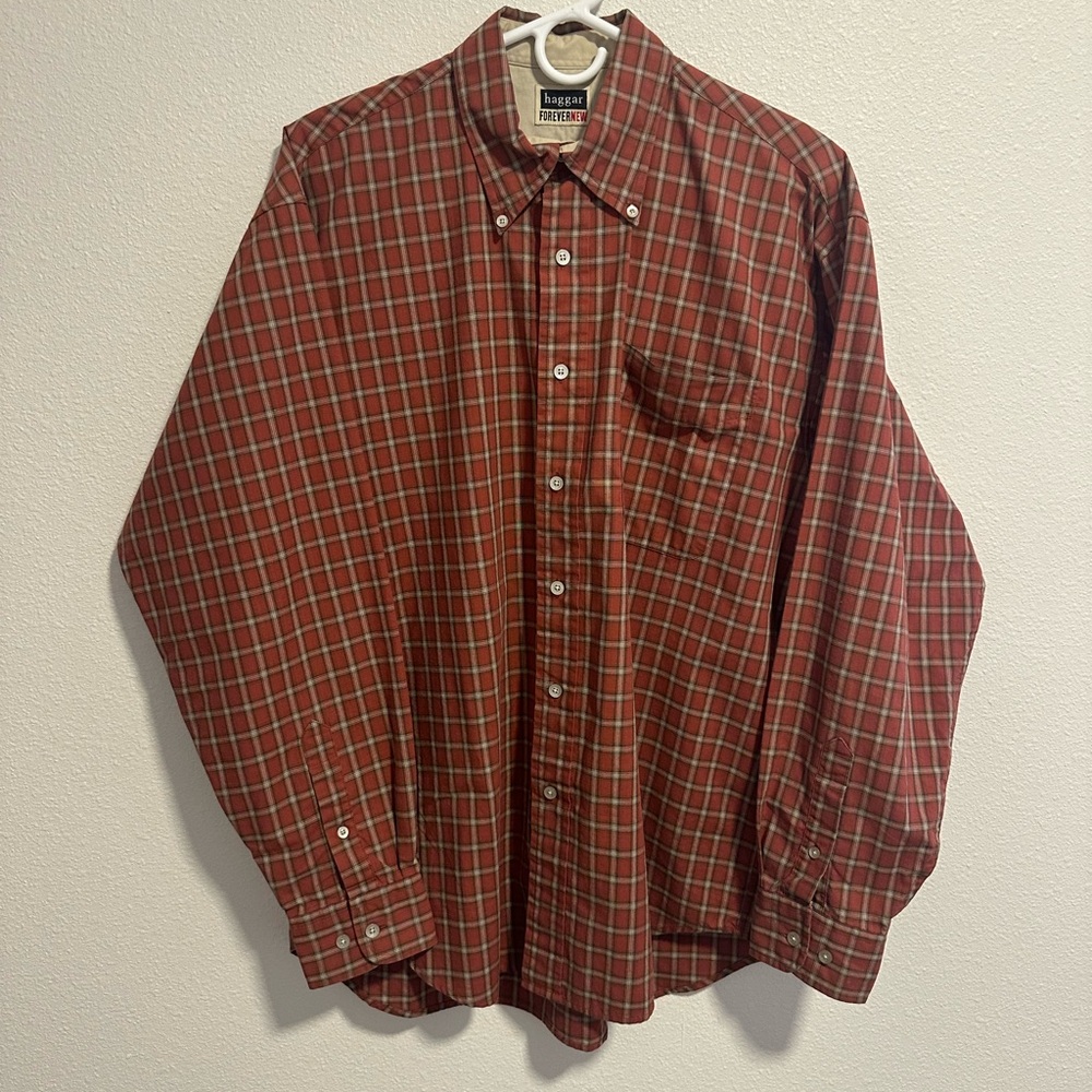 Haggar Forever New Men's Red Orange Plaid Button Down Shirt